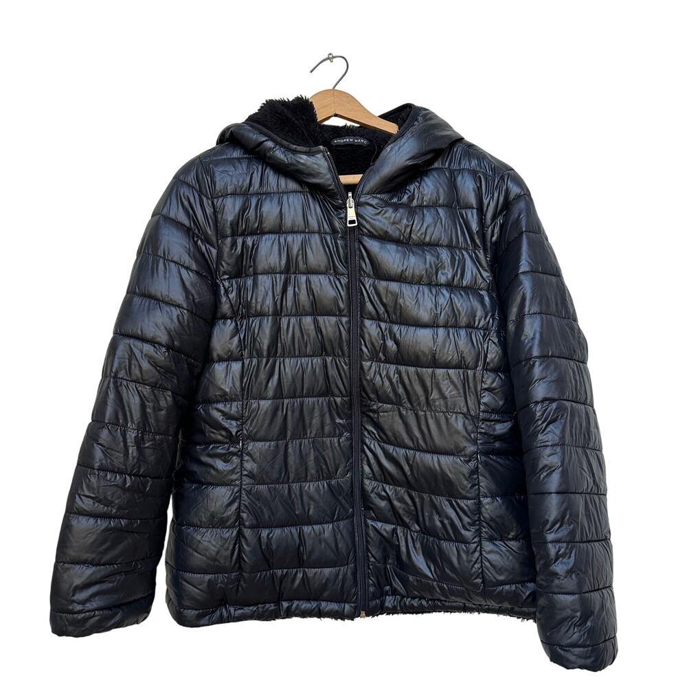 Andrew Marc Black Puffer Jacket Faux Fur Lined Hooded Coat Size L